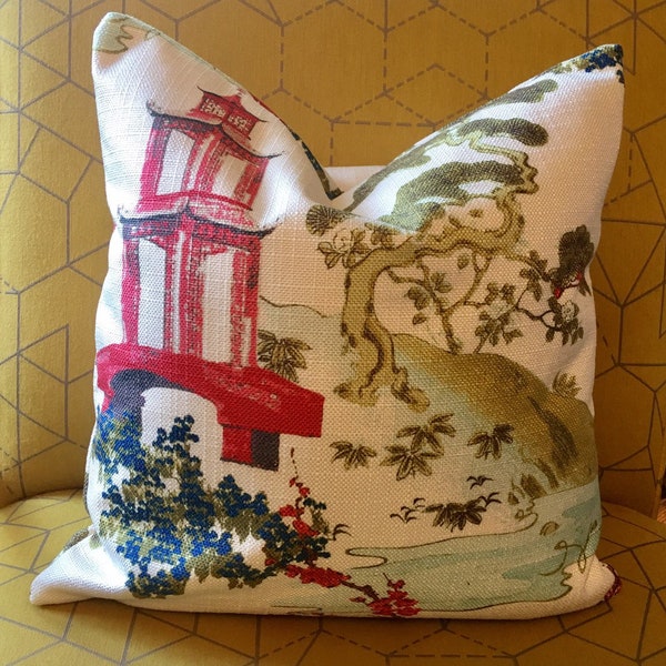 Red, Green, Blue and White Asian Toile Custom Pillow Covers / Designer Chinoiseri Fabric / Custom Handmade Home Decor Accent Pillows