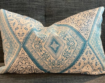 Aqua Blue and Ivory Geometric Pillow Cover  / Diamond Medallion / Designer Linen Fabric / Custom Handmade Home Decor Accent Pillows