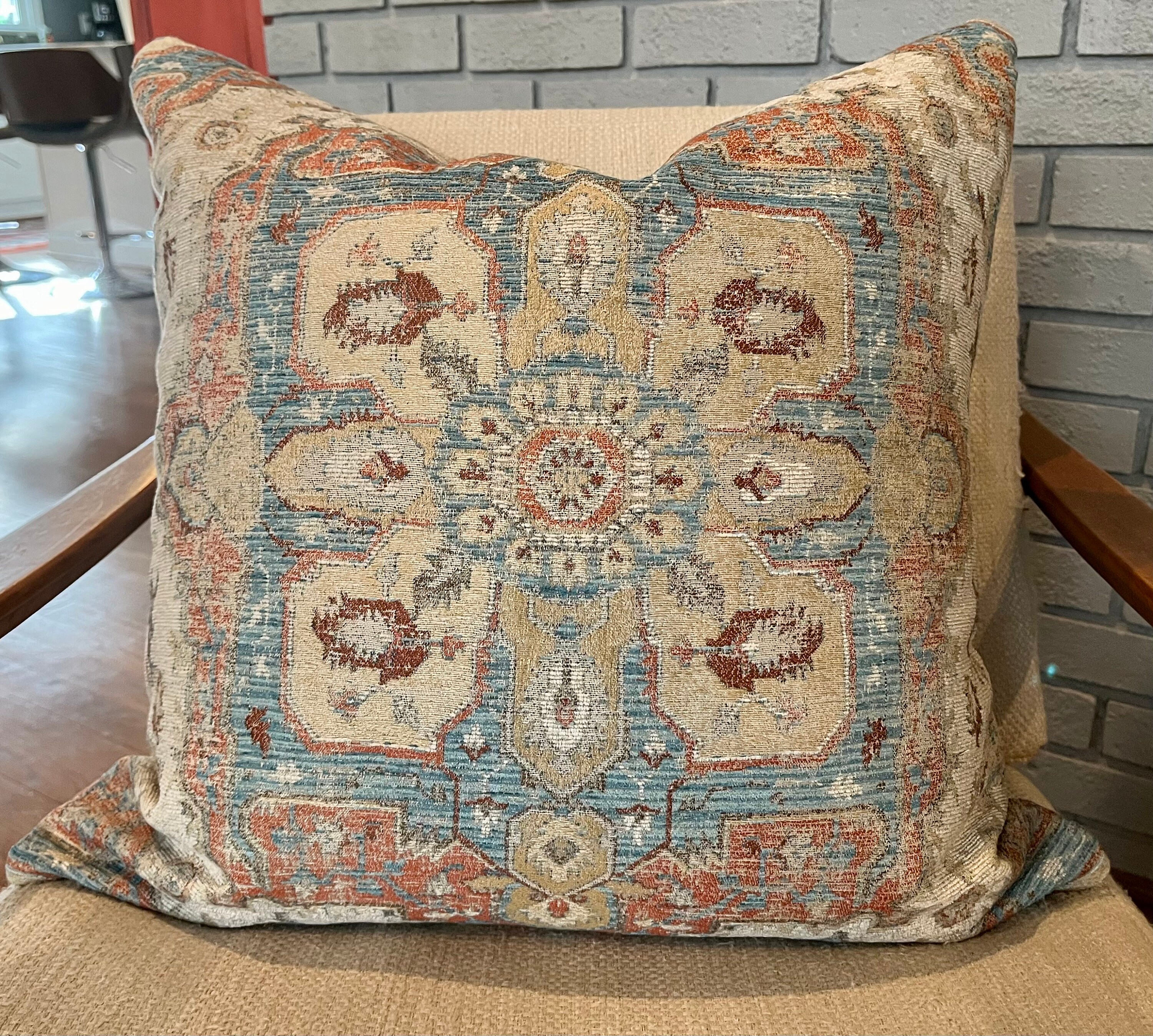 Blue Terracotta and Beige Tapestry Pillow Cover 18 x 18 Designer Medallion Woven Fabric Handmade Home Decor