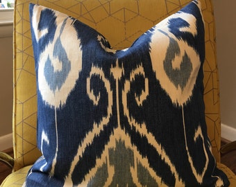 Indigo Blue and Ivory Ikat Custom Pillow Cover / Bansuri Iris Kravet Designer Fabric / Handmade Home Decor Accent  / In Stock