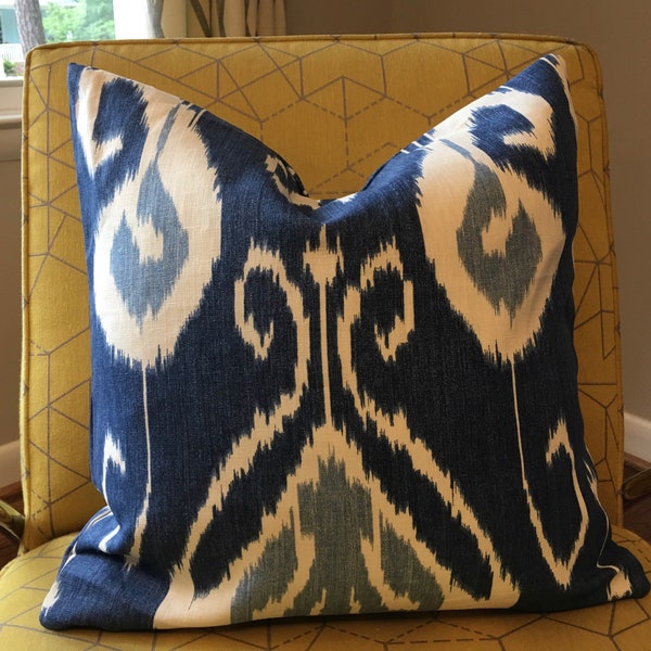 Indigo Blue and Ivory Ikat Custom Pillow Cover / Bansuri Iris Kravet Designer Fabric / Handmade Home Decor Accent  / In Stock