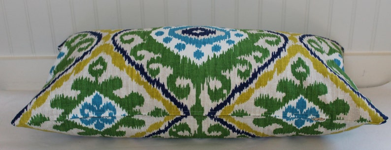 Green, Blue, Yellow and Ivory Medallion Ikat Pillow Cover / 16 x 26 / Same Designer Fabric Both Sides / In Stock image 2