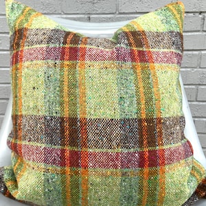 Green, Orange and Brown Plaid Pillow Covers  / Fits 20 x 20 / Designer PIERRE FREY Paris F3647002 Killian Lime 100% Virgin Wool Fabric
