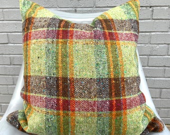 Green, Orange and Brown Plaid Pillow Covers  / Designer Woven Fabric / Handmade Home Decor / In Stock