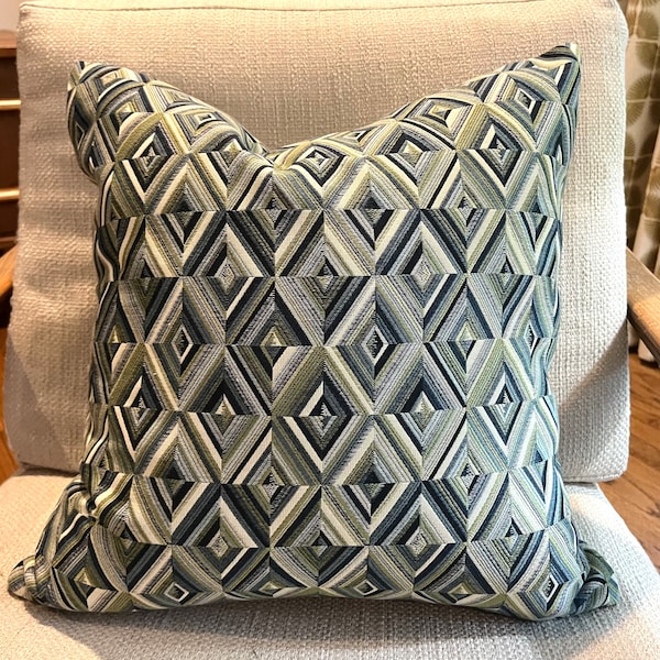 Geometric Diamond Pillow Covers / Green, Grey and Navy  / Designer Fabric / Fits 14 x 18 Insert