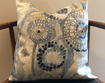 Blue and Beige Abstract Floral Pillow Covers / Designer Ellen DeGeneres Majorca Denim / Handmade Home Decor Accent