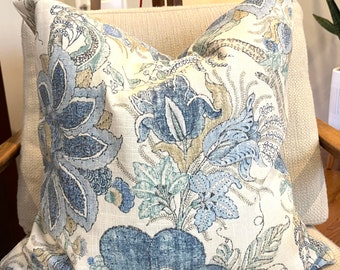Blue and Ivory Floral Pillow Covers / Designer Fabric with Solid Ivory Back / Handmade Home Decor Accent Pillows / In Stock