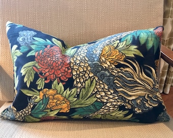 Asian Dragon Pillow Cover / Navy, Red, Turquoise, Gold and Green/ Robert Allen Ming Dragon Admiral / Fabric Both Sides / Made to Order