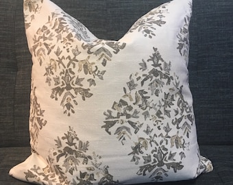 Taupe, Grey and Ivory Medallion Pillow Cover / Designer Lacefield Fabric Blythe Heather / Fits 14 x 20