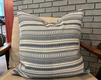 Navy Blue and Ivory Stripe Tribal Pillow Cover / Designer Woven Fabric /  Handmade Home Decor Accent Pillows / Fabric Both Sides
