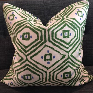 Green, Blue, White Geometric Pillow Covers / Thibaut Pass-a-Grille Fabric with Solid White Back and Green Welt Cord Trim / Fits 12 x 20