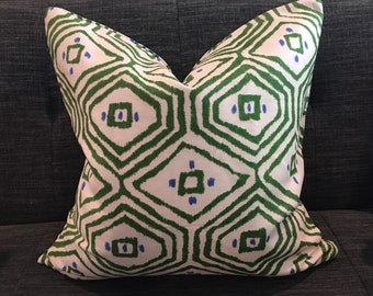 Green, Blue, White Geometric Pillow Covers / Thibaut Pass-a-Grille Fabric with Solid White Back and Green Welt Cord Trim / Fits 12 x 20