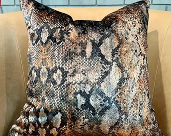 Black, Copper, Gold Snakeskin Velvet Pillow / Designer Boa Fabric / Handmade Home Decor Accent Pillow