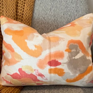 Orange, Pink, Grey and Ivory Watercolor Linen Fabric Pillow Cover / Fabric Both Sides / Fits 14 x 20