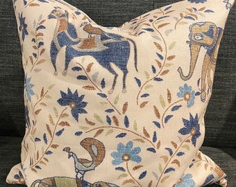 Brown, Blue, Green and Ivory Elephant, Horse Pillow Cover / Designer Duralee Mahout / Fabric Both Sides