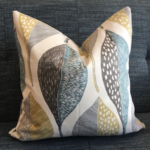 Blue, Gold, Grey and Ivory Leaf Block Ikat Pillow Cover / Robert Allen Designer Fabric / Fits 18 x 18 / Handmade Home Decor Accent Pillows