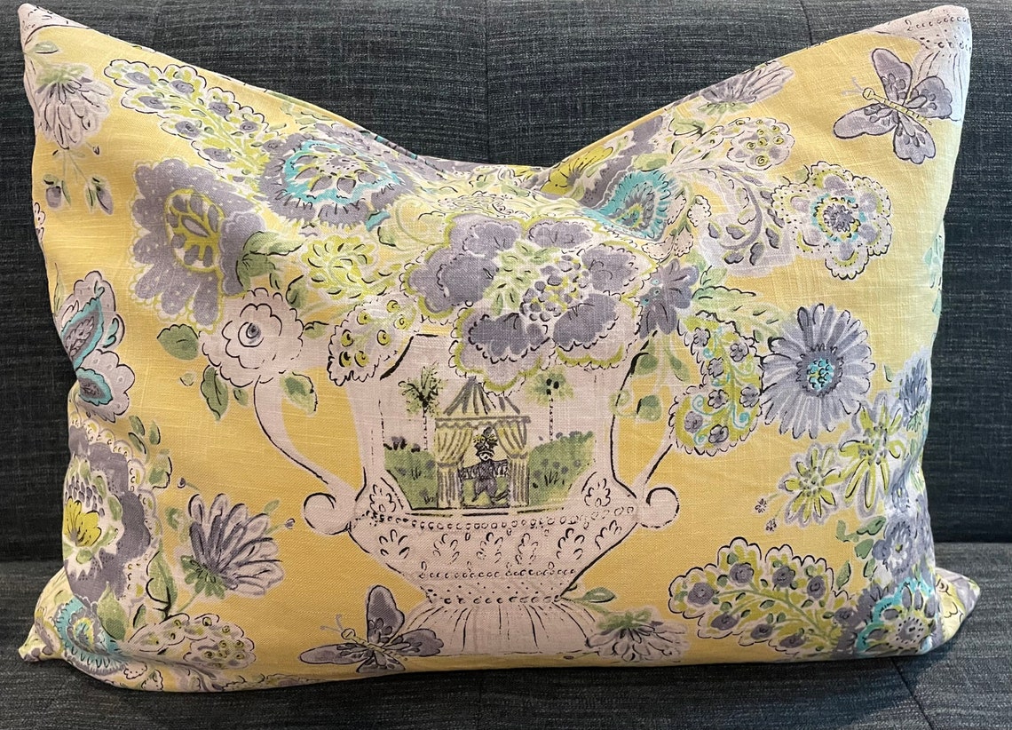 Yellow and Grey Floral Pillow Cover / Blissful Bouquet Linen Etsy