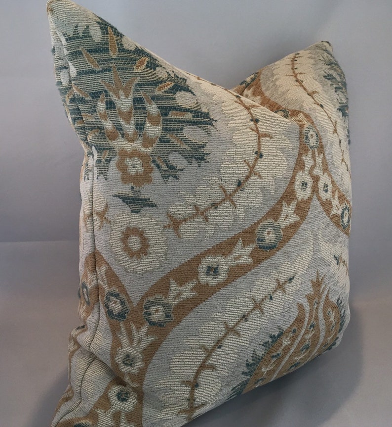 Teal and Tan Medallion Pillow Cover in Chenille Upholstery Etsy