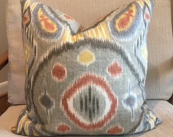 Modern Grey, Red, Blue and Yellow Ikat Custom Pillow Covers / Kravet's Kimmel Mineral Designer Fabric / Custom Handmade Home Decor Pillow