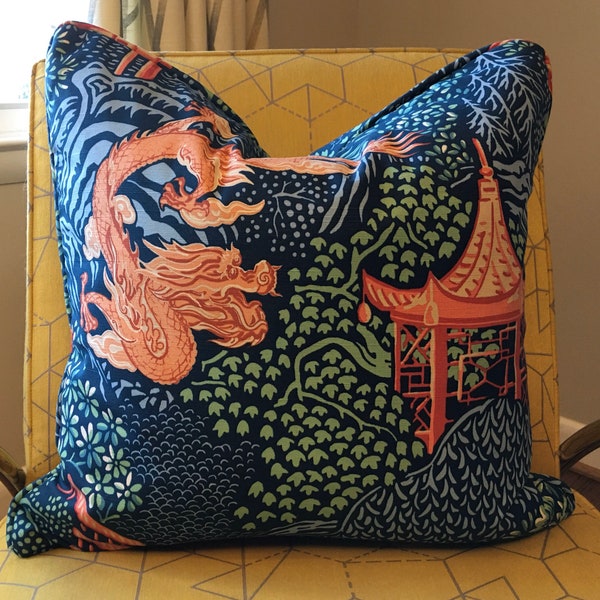 Asian Pagoda / Blue, Green, Red and Orange Toile Custom Pillow Covers  / Designer Vern Yip Fabric / Handmade Home Decor Accent Pillows