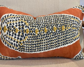 Dark Orange, Brown, Gold and Ivory Modern Medallion Pillow Cover / 12 x 20 Lumbar / Designer Robert Allen Fabric