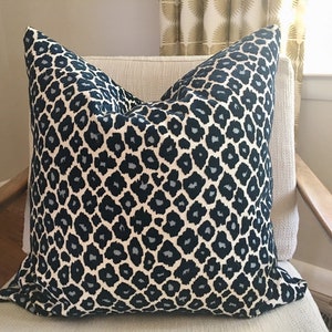 Navy Blue and Ivory Leopard Print Pillow Cover with Velvet Accents / Custom Pillow in Designer Fabric  / Home Decor Accent