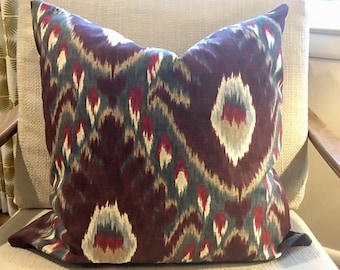 Burgundy, Red, Blue and Ivory Ikat Pillow Cover / Robert Allen Designer Fabric / Fits 12 x 24 / Fabric Both Sides / In Stock