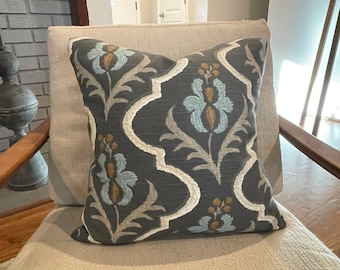 Grey, Blue, Taupe and Ivory Damask Pillow Cover / Designer Robert Allen Saskia Graphite / Handmade Home Decor