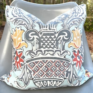 Aqua Blue, Red, Gold and Grey Floral Pillow Covers / Designer Kravet Lutron Fabric / Fits 18 x 18 / Handmade Home Decor Accent Pillows