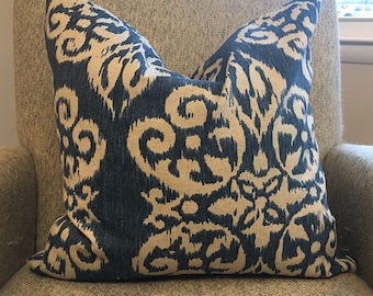 Indigo Blue and Oatmeal Damask Pillow Cover  / Designer Fabric / Handmade Home Decor Accent Pillow / IN STOCK