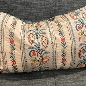 Brunschwig & Fils Henner Embroidered Mist Pillow Cover with Blue Velvet Back and Tassels/ 16 x 26 / Handmade Custom Home Decor Accent