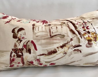 Asian Toile Pillow Cover / Brown, Taupe, Cranberry and Ivory / Hamilton Mikayo Ivory Designer Fabric / Handmade Home Decor / In Stock