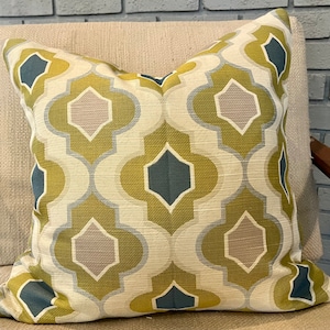 Modern Green, Grey, Blue and Ivory Geometric Pillow Cover / Designer Fabric  Both Sides / Handmade Home Decor Accent Pillow
