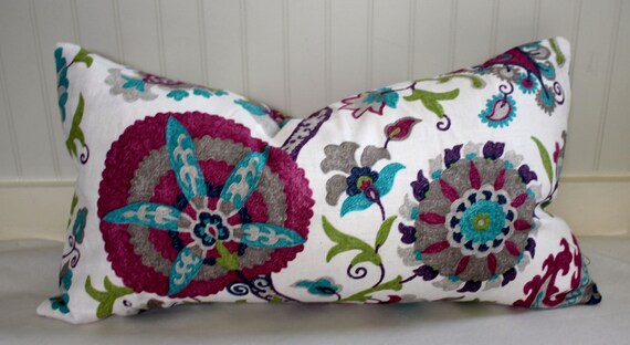 Magenta Pink, Turquoise and Ivory Floral Pillow Cover Designer