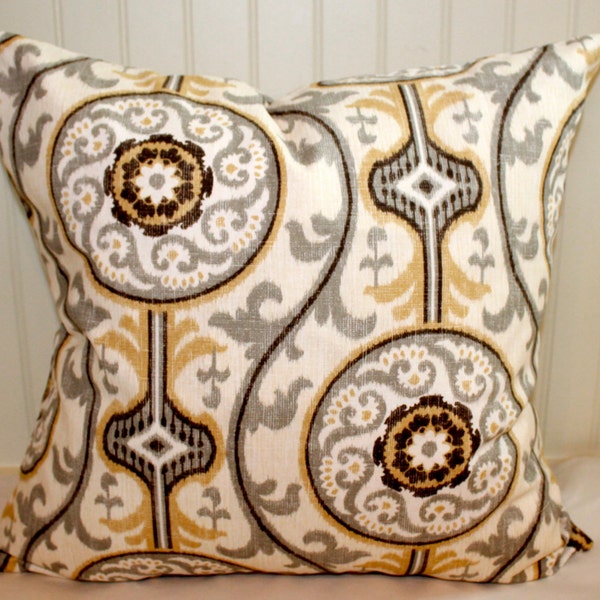 Brown, Taupe, Grey, Yellow and Ivory Medallion Pillow Covers / Designer Fabric / Custom Handmade Home Decor Accent Pillows