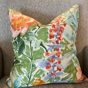 Green, Orange, Purple and Ivory Floral Pillow Covers / Designer Fabric with Solid Green Back / Handmade Home Decor Accent Pillows / 18 x 18