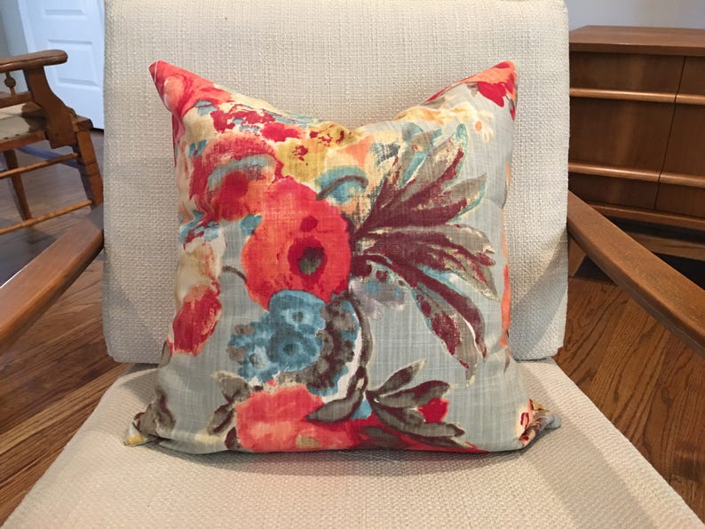 Teal Red and Grey Floral Pillow Covers / Designer HGTV Garden Etsy