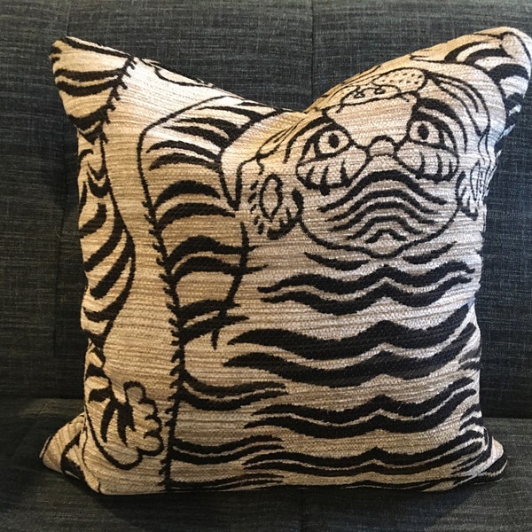 Tiger Lux Jacquard Pillow Cover / Black and Cream Animal / Designer Artistry Fabric with Solid Back / Handmade Home Decor Pillow