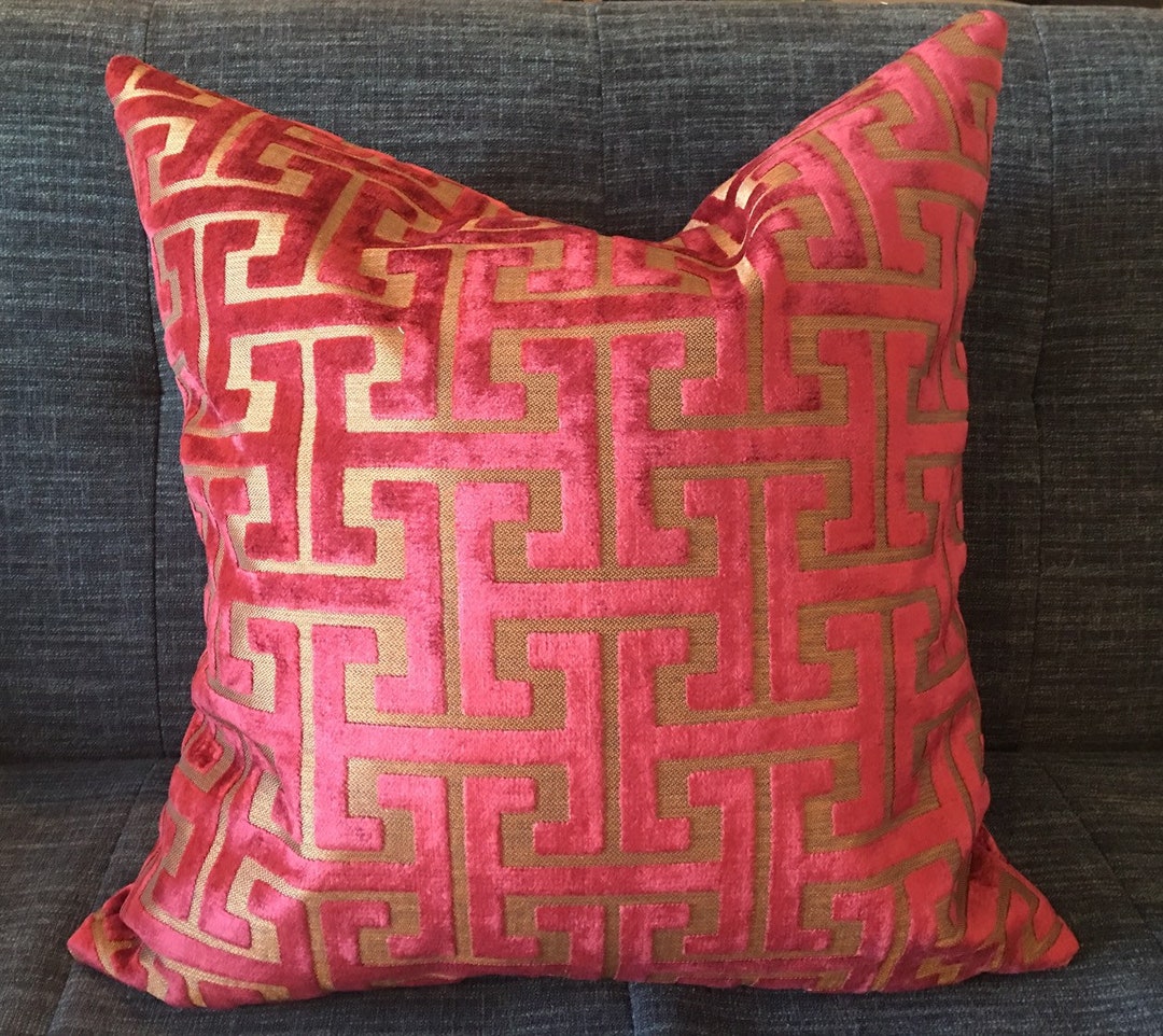 Red and Gold Greek Key Cut Velvet Pillow Cover Designer Velvet With Gold Upholstery Back Handmade Home Decor Accent Pillow Cover Etsy Canada
