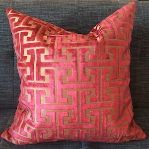 Red and Gold Greek Key Cut Velvet Pillow Cover / Designer Velvet with Gold Upholstery Back / Handmade Home Decor Accent Pillow Cover