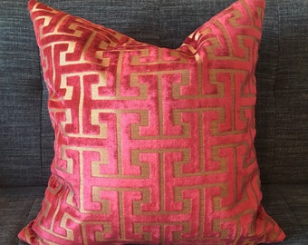 Red and Gold Greek Key Cut Velvet Pillow Cover / Designer Velvet with Gold Upholstery Back / Handmade Home Decor Accent Pillow Cover