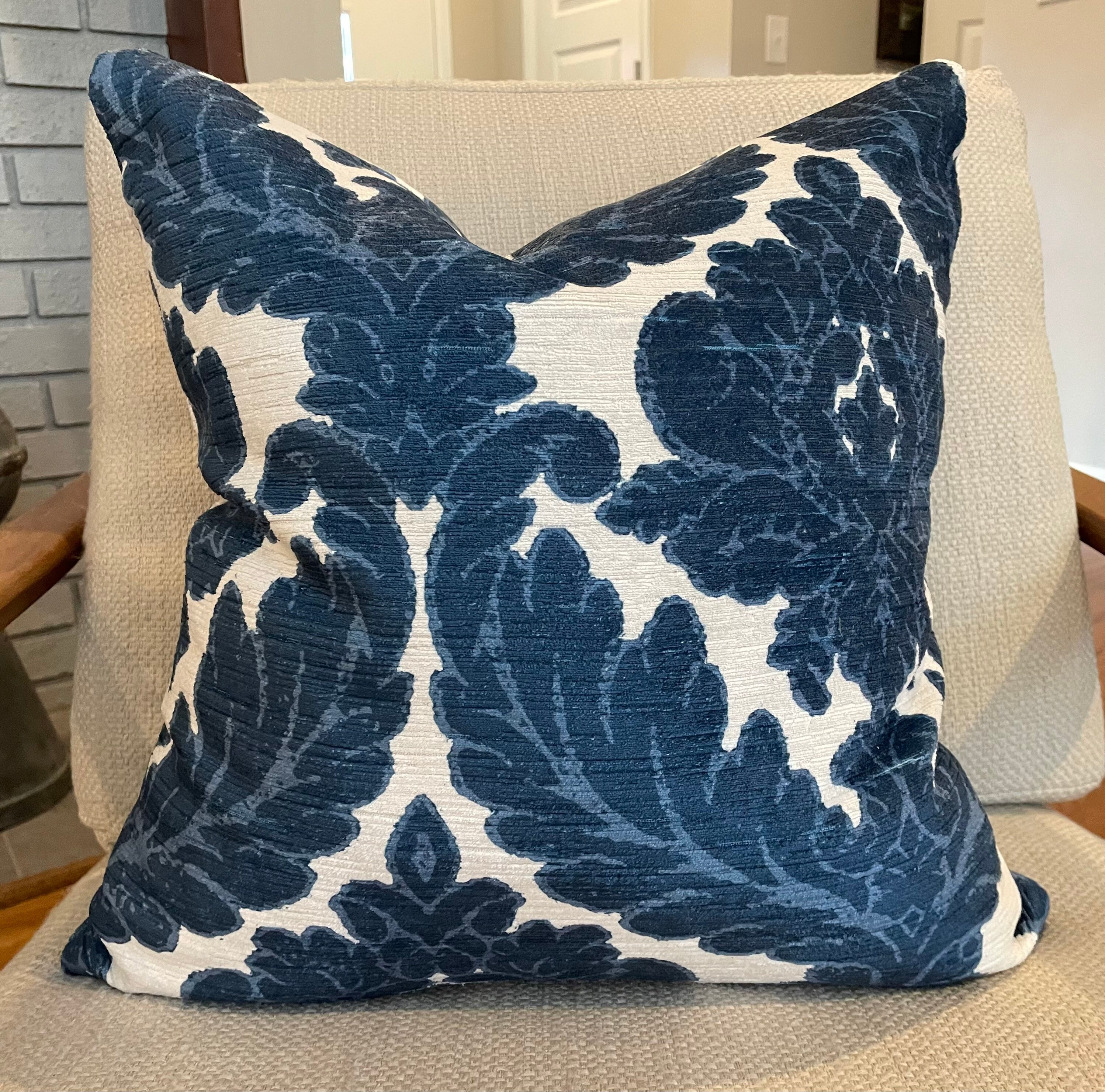 Blue and Ivory Damask Pillow Cover Designer Velvet Fabric Handmade Home Decor Accent Pillow Etsy