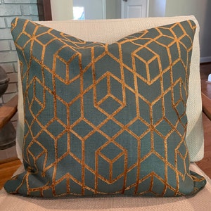 Teal and Copper Geometric Pillow Covers / Designer Velvet Upholstery Fabric / Handmade Custom Home Decor