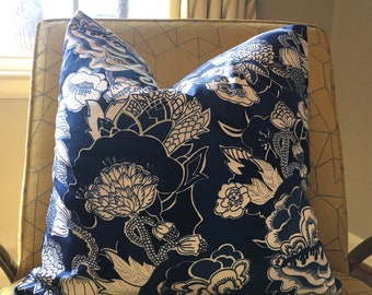 Navy Blue and Ivory Asian Floral Pillow Cover / Designer Kiji Duralee Fabric / Handmade Home Decor Accent Pillows / In Stock