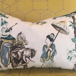 Fundas de almohada Toile asiáticas en verde, marrón, azul y marfil / Tela Chinoiseri de diseño / Cojines decorativos hechos a mano a medida para el hogar