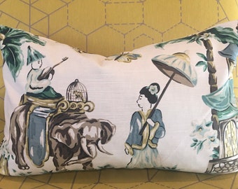 Green, Brown, Blue and Ivory Asian Toile Pillow Covers / Designer Chinoiseri Fabric / Handmade Custom Home Decor Accent Pillows