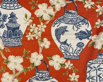 Red Orange and Blue Asian Ginger Jar Pillow Cover / Designer Linen Chinoiseri Fabric / Handmade Home Decor Accent Pillows