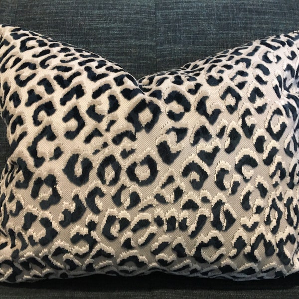 Dark Blue Cut Velvet Cheetah Pillow Covers / Designer Ocelot Azul Hamilton Fabric with Grey Velvet Back / Handmade Home Decor Accent Pillow