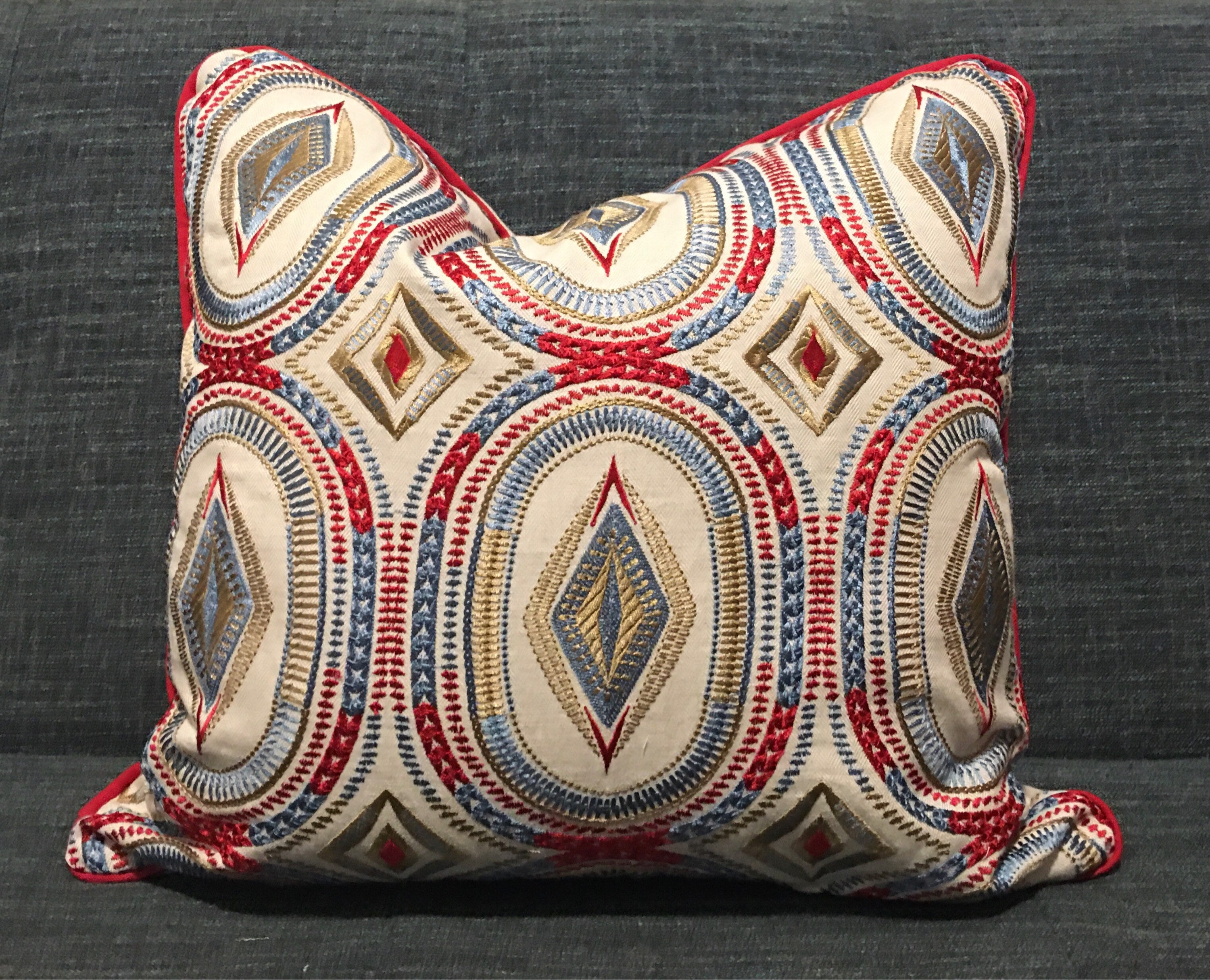 Red Blue and Beige Embroidered Pillow Cover with Solid Beige Etsy