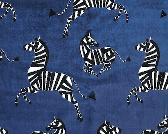 Blue, Black and White Zebra Pillow Cover / Custom Velvet Pillow in Designer Farlow Sapphire Fabric  with Solid Black Velvet Back